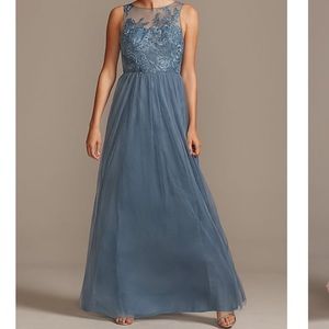 David’s Bridal F20122 Bridesmaid’s Dress in Steel Blue